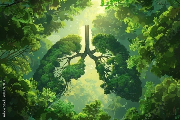 Fototapeta Green lung filled by the forest trees for healthy environment. Postproducted generative AI illustration 