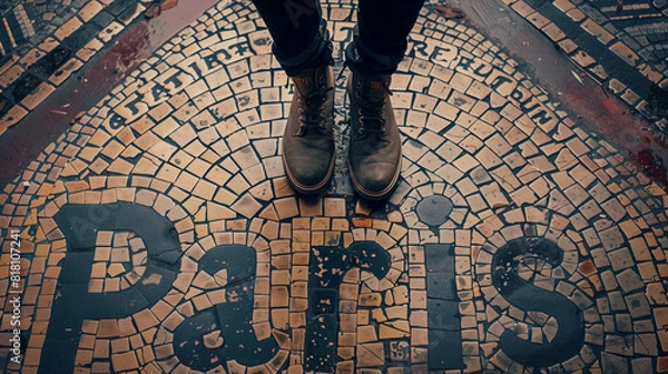 Fototapeta A pov shot looking down on a person's feet standing on a mosaic-tiled floor with the word Paris