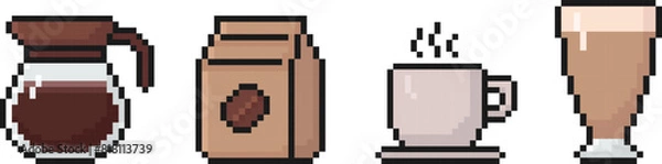 Obraz coffee pixel art icon set, coffee pot, beans, mug, latte, cappuccino, 80s, 90s old arcade games style, items for video game, app, social media and more, vector illustration