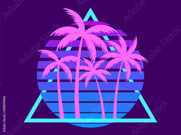 Fototapeta 80s retro sci-fi palm trees on a sunset. Retro futuristic sun with palm trees in a triangular frame. Synthwave style. Design for advertising brochures, banners and posters. Vector illustration