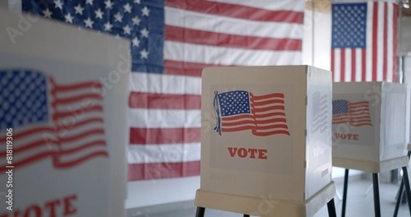 Fototapeta Wide view, row of voting booths at polling station in United States. US flag on back wall