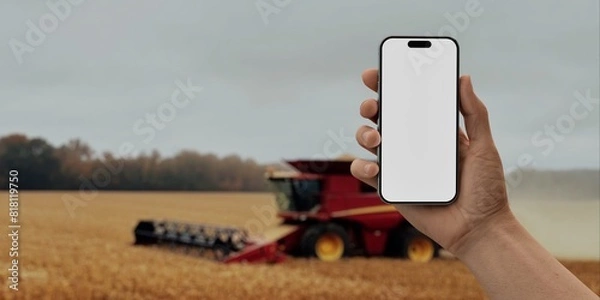 Fototapeta Hand holding a phone with a against a farm bg, for agriculture-related mockups