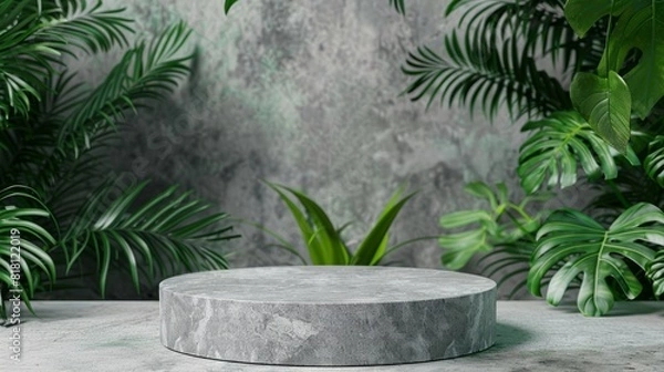 Fototapeta Round gray stone cosmetics product advertising podium stand with tropical leaves background. Empty natural stone pedestal platform to display beauty product. Mockup