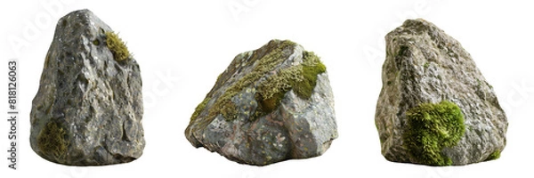 Fototapeta Beautiful natural tall rock with moss, transparent background, 3d rendering, can be used for natural garden yard decoration.
