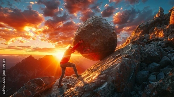 Fototapeta A man is pushing a large rock up a mountain