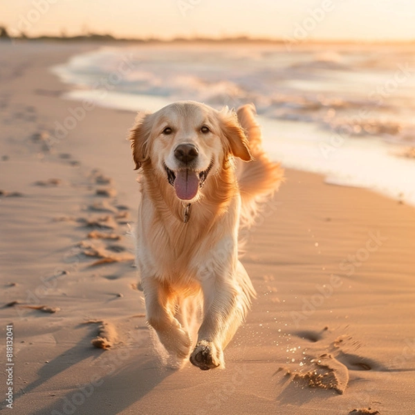 Fototapeta A happy golden retriever running on the beach