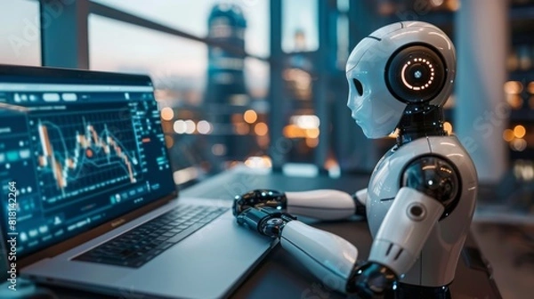 Fototapeta Robot sing technology AI for working tool for data analysis on laptop