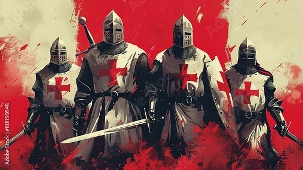 Fototapeta A minimalist illustration of Templar knights, utilizing clean lines and sparse details to portray the essence of their order and chivalry, capturing the iconic imagery of knights in armor