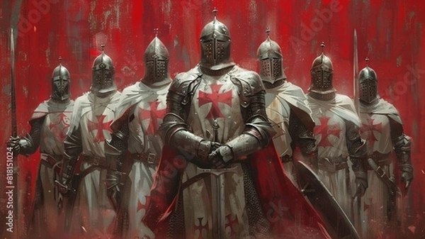 Fototapeta A minimalist illustration of Templar knights, utilizing clean lines and sparse details to portray the essence of their order and chivalry, capturing the iconic imagery of knights in armor