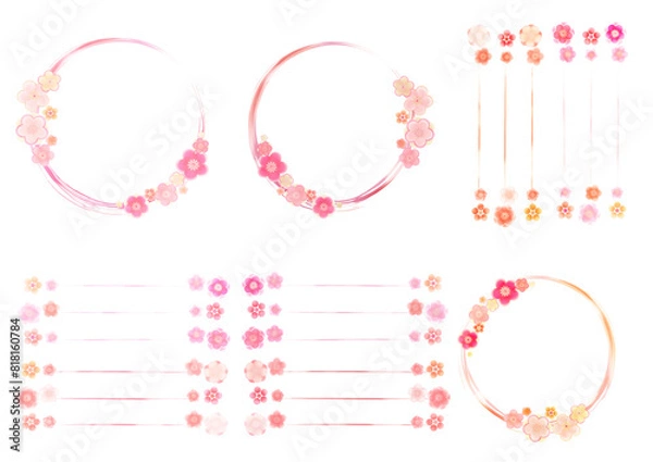 Fototapeta 和風の花の水彩風のフレームセット