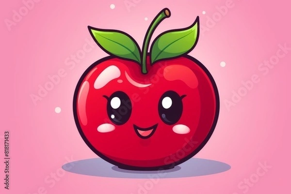 Fototapeta Illustration of a red apple with a green leaf. Generative AI