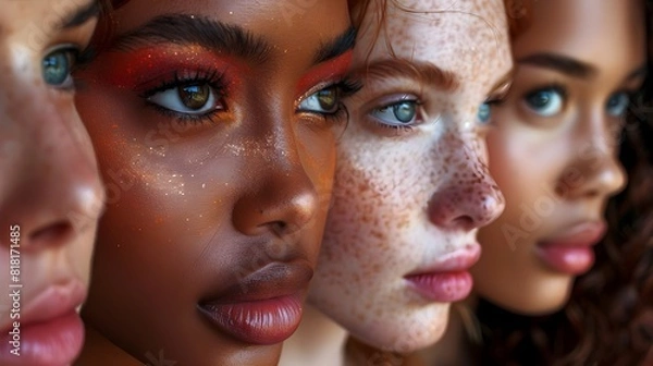 Fototapeta Collage background made from different portraits of beautiful interracial diverse beauty young females models.
