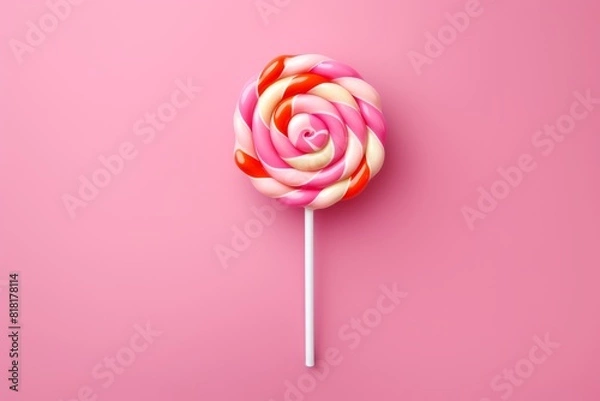 Fototapeta Tasty lollipop on pink background, top view. Generative AI