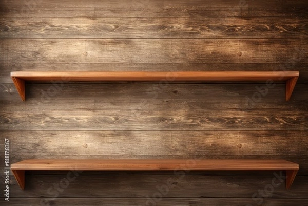 Fototapeta Two empty wooden shelves on the wall. Generative AI
