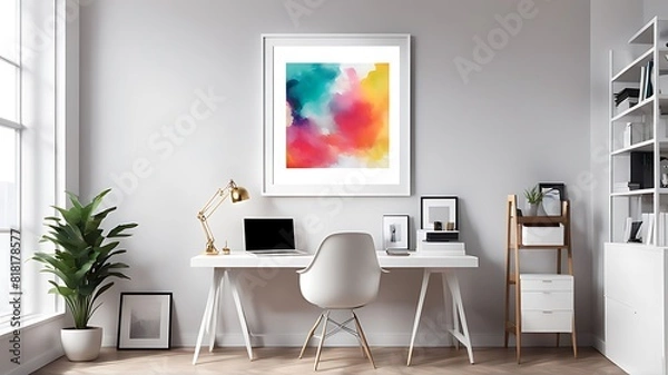 Fototapeta  This is a mockup of an office with a blank white frame, presenting a colourful, contemporary mixed-media artwork design. 