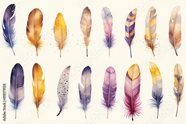 Fototapeta Set of feathers on a white background. Generative AI