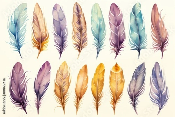 Fototapeta A drawing of a set of feathers on a white background. Generative AI
