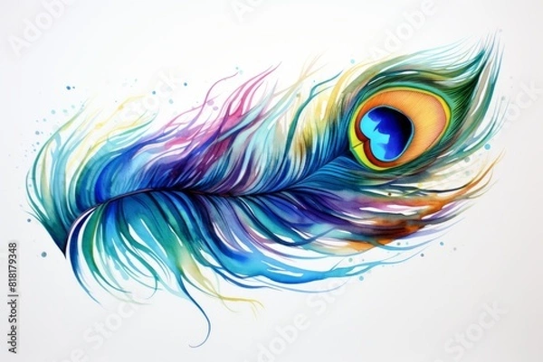 Fototapeta Peacock feather on a white background. Generative AI