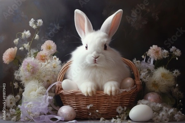 Fototapeta Awhite bunny sits in a basket with eggs and flowers. Generative AI