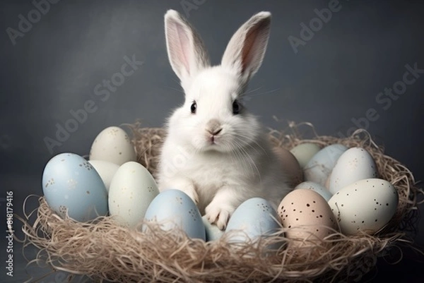 Fototapeta Easter bunny sits in a basket with eggs. Generative AI