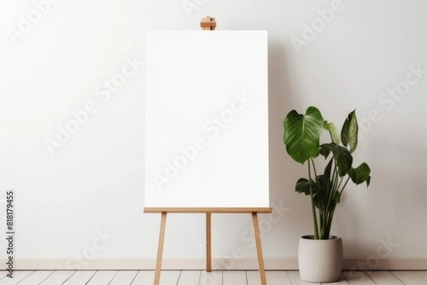 Fototapeta Wooden easel with blank canvas in a living room with plants. Generative AI