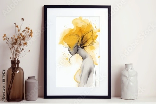 Fototapeta A painting of a woman with a yellow hair is framed in a black frame. Generative AI