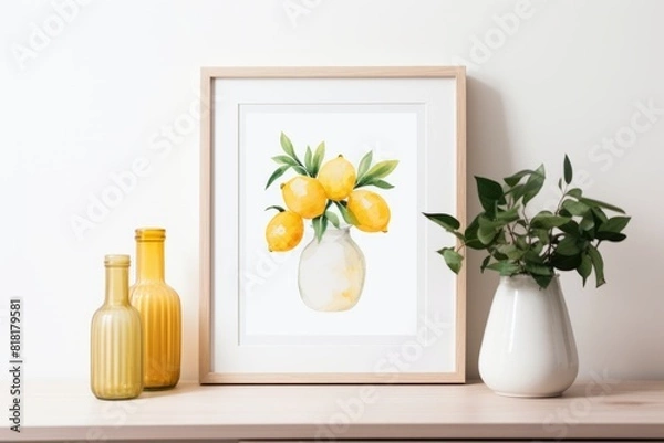 Fototapeta A painting of lemons and a vase with a plant in it. Generative AI