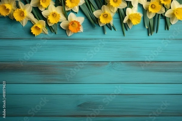 Fototapeta A blue wooden background with yellow daffodil flowers. Generative AI