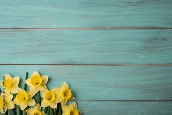 Fototapeta Yellow narcissus or daffodil flowers on aquamarine wooden background. Generative AI