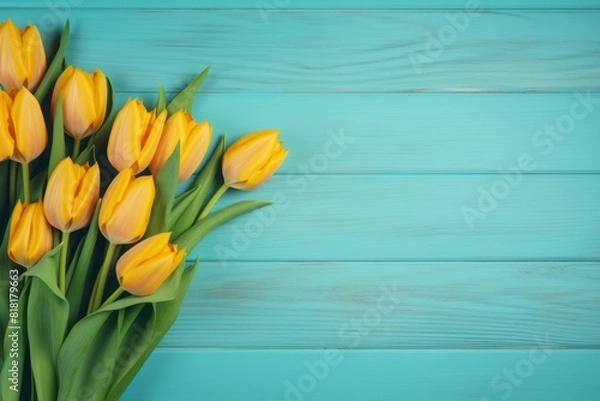 Fototapeta Yellow tulips flowers on turquoise wooden background. Generative AI