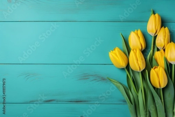 Fototapeta Yellow tulips on wooden background. Generative AI