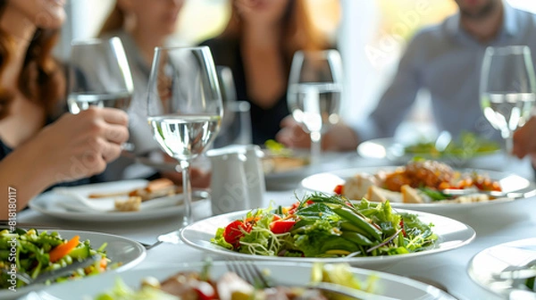 Fototapeta Photo realistic Business professionals engaging in team building lunch emphasizing teamwork  relationships at work   Stock Photo Concept