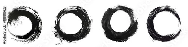Fototapeta Black ink hand drawn brushstrokes circles of paint isolated on transparent background cutout png