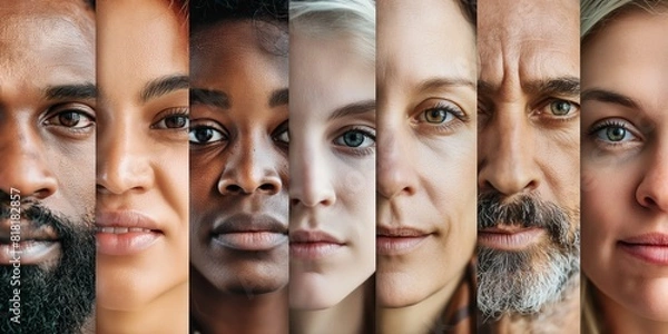 Fototapeta A collage representing diversity, featuring close-up portraits of people from different ethnic backgrounds