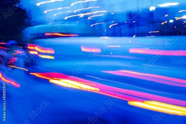 Obraz a busy street with cars and a bus. The image has a sense of motion and energy, as if it were captured in a time-lapse. The blue and red colors of the cars