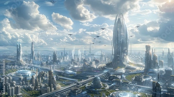 Fototapeta A futuristic city skyline featuring towering glass buildings, flying cars, and advanced technology, illustrating a utopian vision of the future 