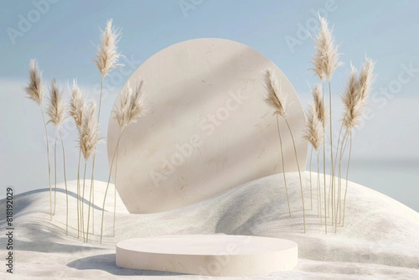 Obraz 3D render of an abstract background with a round podium in a beige color on a light blue background with pampas grass and desert sand dunes.