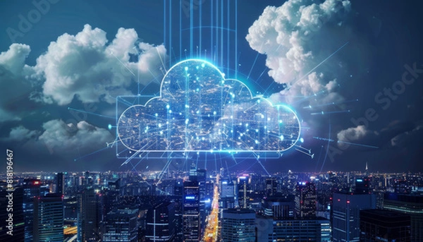 Fototapeta A cloud of data is projected onto a city skyline by AI generated image