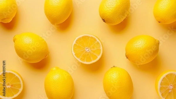 Fototapeta  A cluster of lemons aligned on a yellow countertop One whole lemon split in two