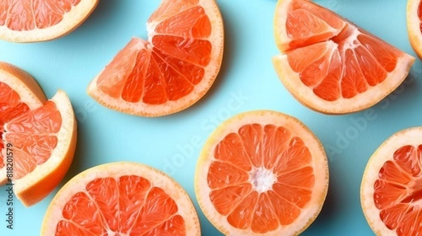 Fototapeta  A collection of halved grapefruits against a blue backdrop, surrounded by whole grapefruits