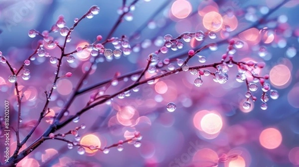 Fototapeta  A tight shot of a tree, adorned with dewdrops on its branches, against a backdrop of softly blurred lights