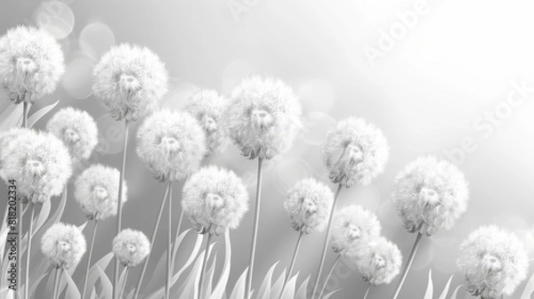 Fototapeta  A black-and-white image of a field filled with dandelions, sun illuminating them through