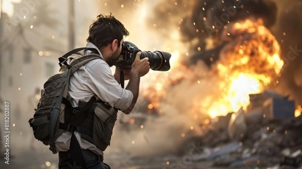 Fototapeta Photojournalist in Action: As a news story unfolds, the photojournalist is on the scene, taking pictures that tell a compelling visual story and bring attention to important events