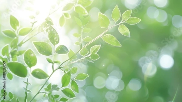Fototapeta  A tight shot of a sun-illuminated tree branch, adorned with leaves, against a softly blurred backdrop of grass and foliage