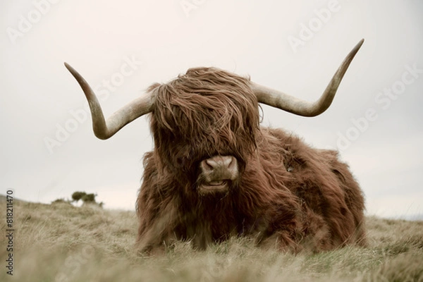Fototapeta Allermuir hill highland cow grazing, Scotland