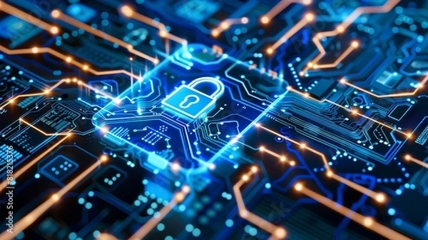 Fototapeta Lock on the circuit pattern Concept of data security cybersecurity encryption etc
