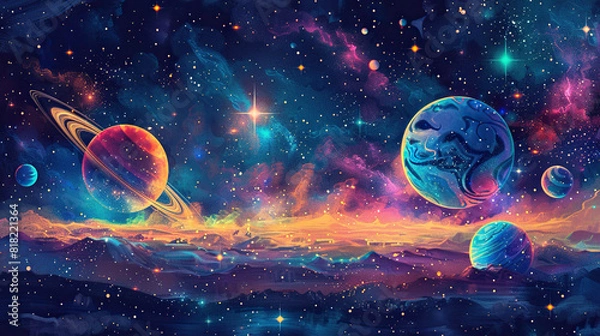 Fototapeta planets rocks clouds galaxy watercolor art Astronaut space exploration, gateway to another universe.space, cosmonaut and galaxy for poster, banner , future, science fiction, astronomy