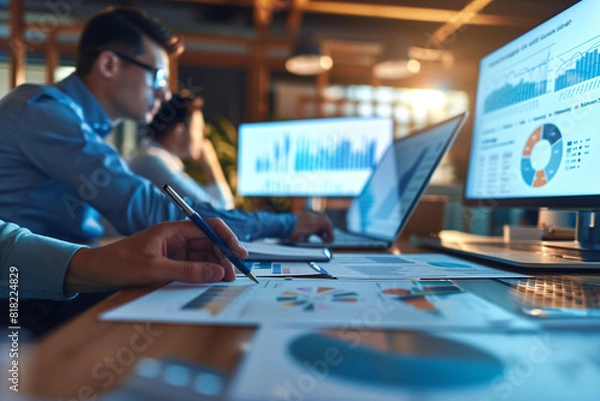 Fototapeta A male Accountant looks at a financial report, professional accounting company, digital marketing, optimization, guy calculating a sales margin