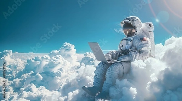 Fototapeta A man in a spacesuit is sitting on a cloud and using a laptop
