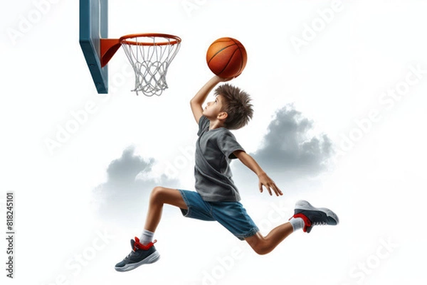 Fototapeta Boy jumping with a basketball towards the basket Isolated on white background